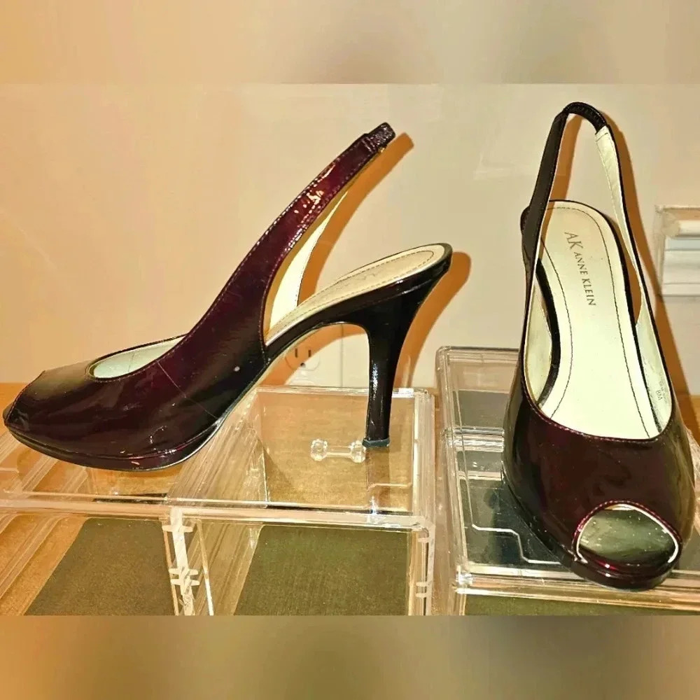 AK Anne Klein slingback 31/2 inch heels color Maroon metallic.